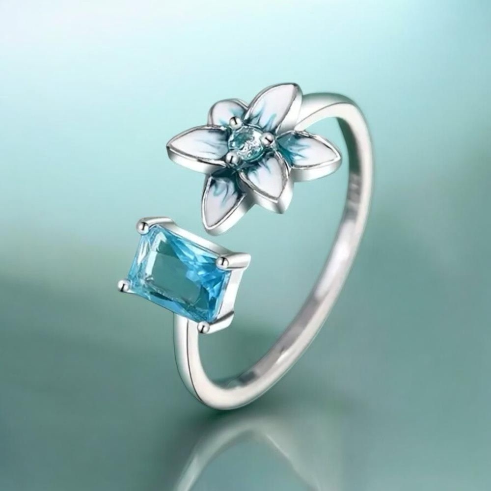 Teal Lotus Ring Solid Sterling Silver Boho Style  Adjustable Floral Open Ring
